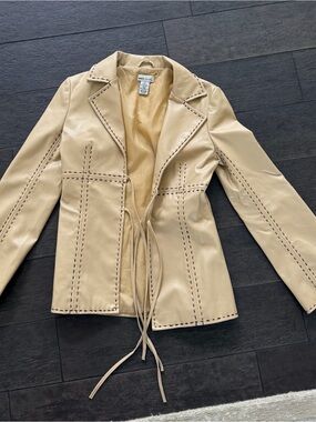 Reformation Vintage Cream Faux-Leather Tie-Front Blazer with Contrast Topstitch